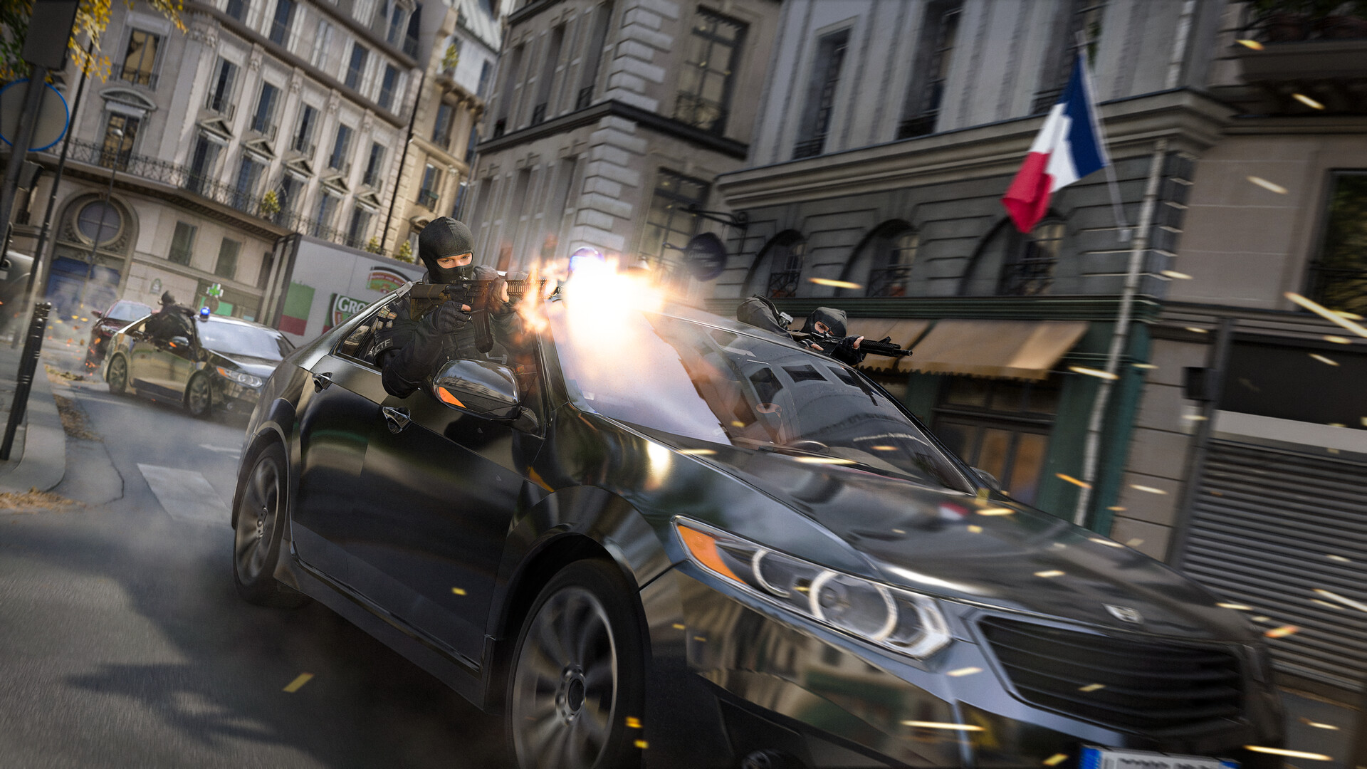 Car chase gunfight through Paris with French flag